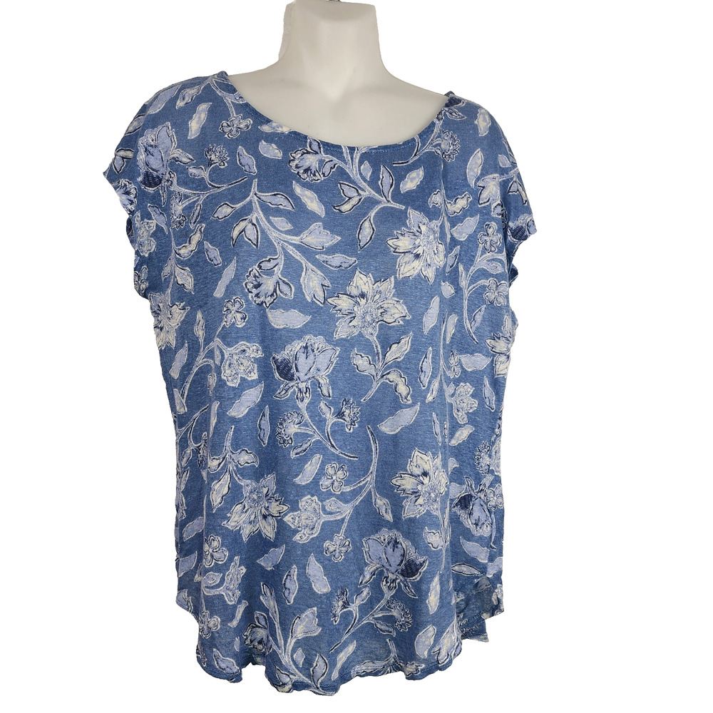Joie Womens Top 100% Linen Foral Short Cap Sleeve Asymmetrical Hem Blue Large